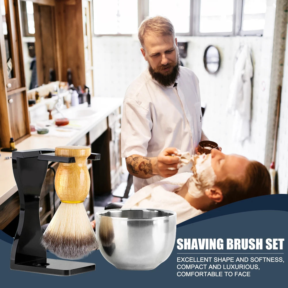 3 in 1 Shaving Brush with Acrylic Stand Steel Bowl Shaving Brush Holder Set No Pungent Smell Beard Clean Shaver Kit Gift for Men