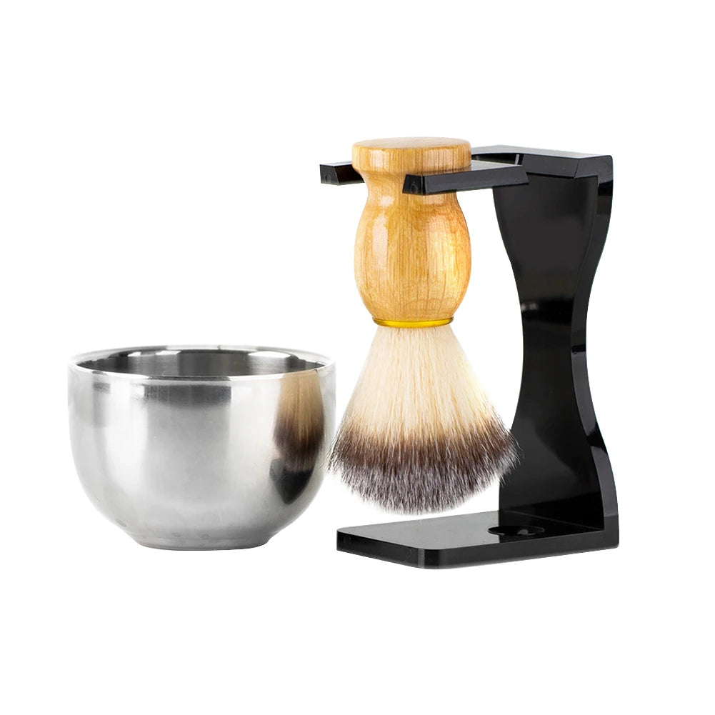 3 in 1 Shaving Brush with Acrylic Stand Steel Bowl Shaving Brush Holder Set No Pungent Smell Beard Clean Shaver Kit Gift for Men