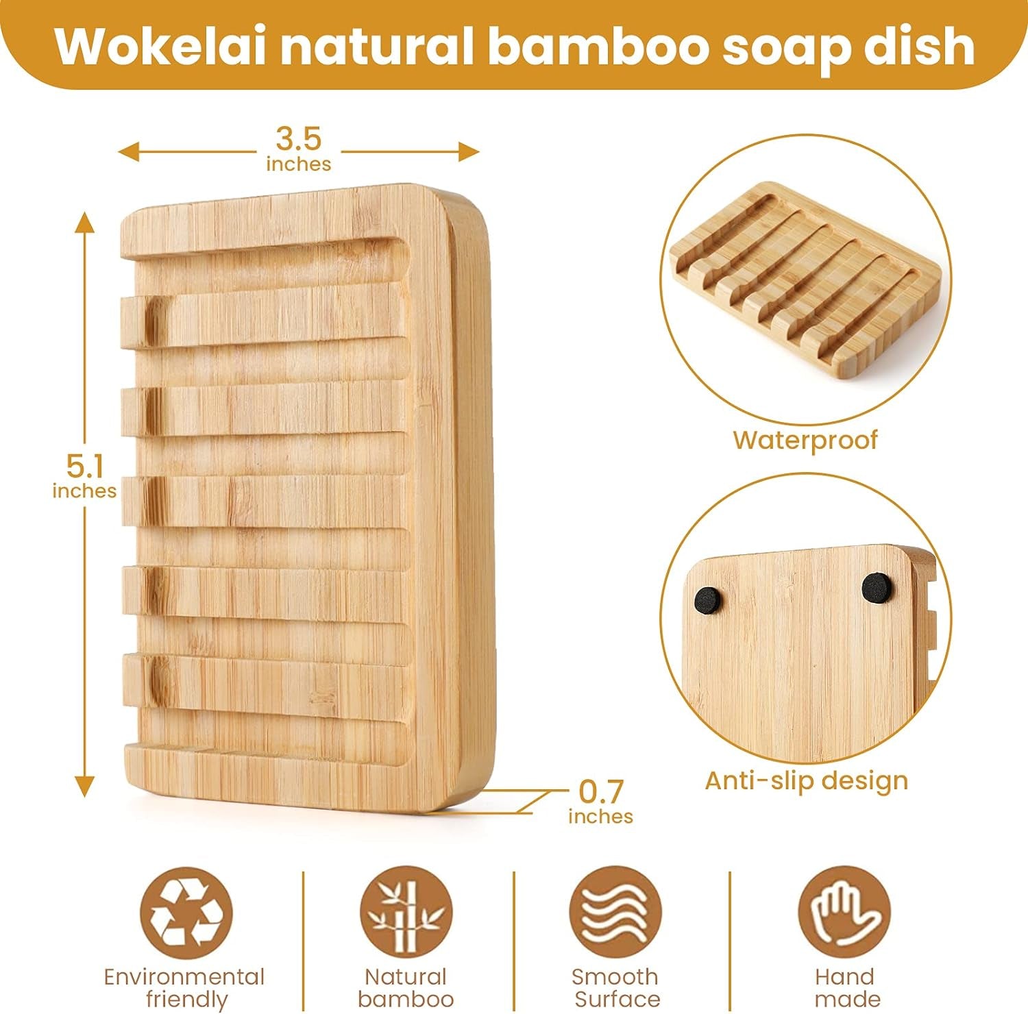 2 Pack Bamboo Wooden Soap Dish Holder Tray, Wood Bar Soap Saver Self Draining Soap Case for Shower, Bathroom, Kitchen, Bath Tub, Razor, Sponges, Counter Top, Waterfall Drain