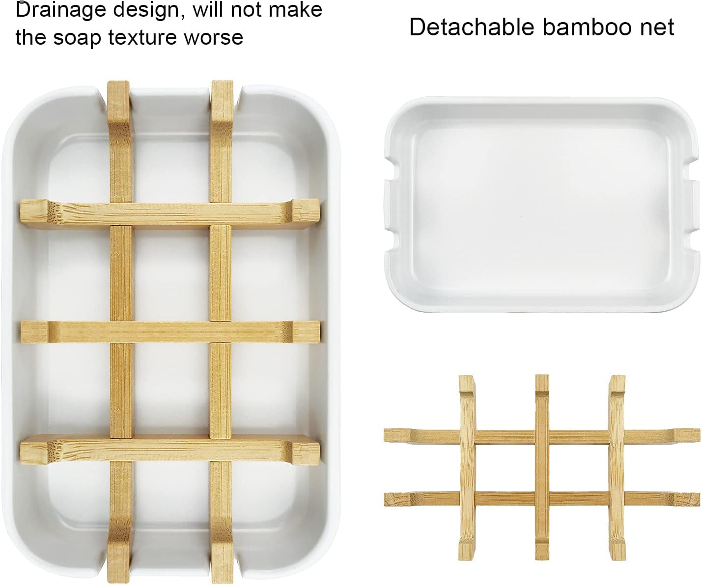 2 Pack Bamboo Soap Dish, Self-Draining Soap Box, Wooden Bamboo Bar Soap Holder for Shower, Bathroom, Kitchen, Bathtub, Bar Sink (White)