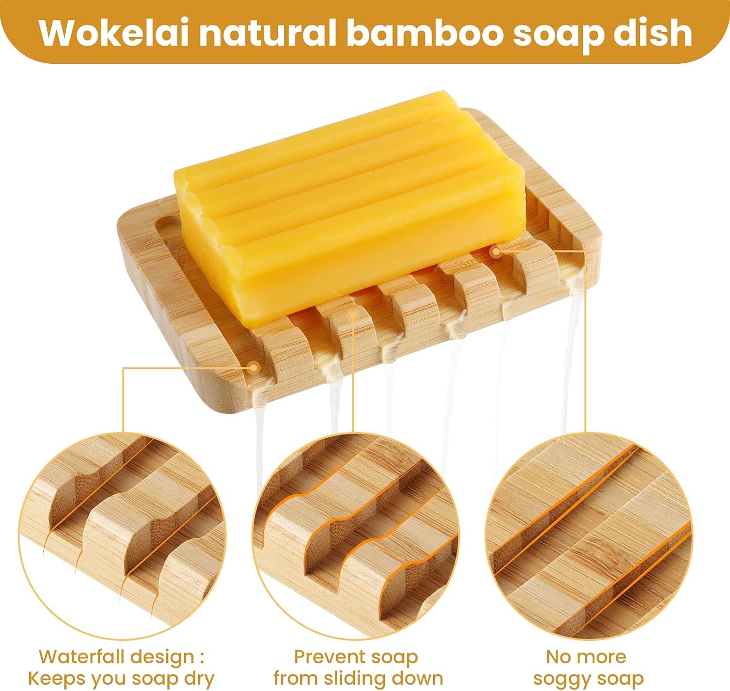 2 Pack Bamboo Wooden Soap Dish Holder Tray, Wood Bar Soap Saver Self Draining Soap Case for Shower, Bathroom, Kitchen, Bath Tub, Razor, Sponges, Counter Top, Waterfall Drain