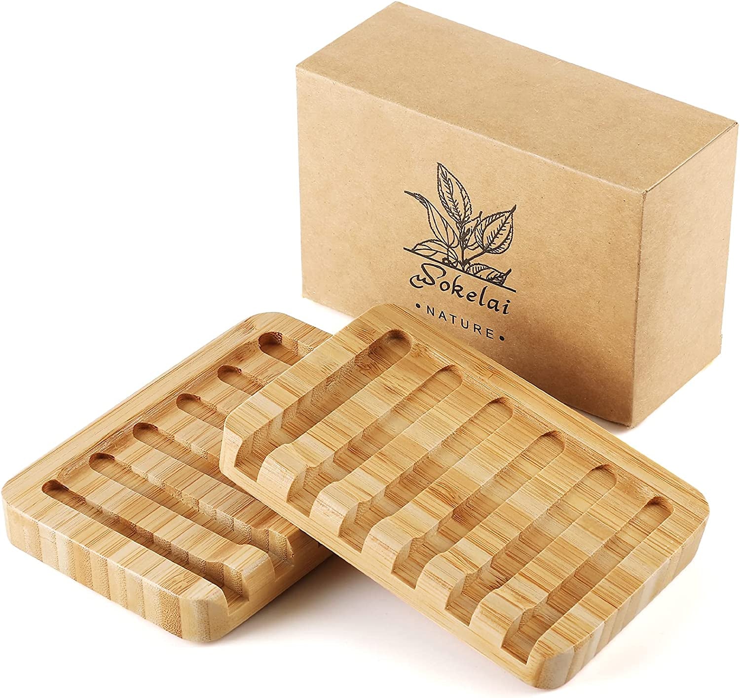 2 Pack Bamboo Wooden Soap Dish Holder Tray, Wood Bar Soap Saver Self Draining Soap Case for Shower, Bathroom, Kitchen, Bath Tub, Razor, Sponges, Counter Top, Waterfall Drain