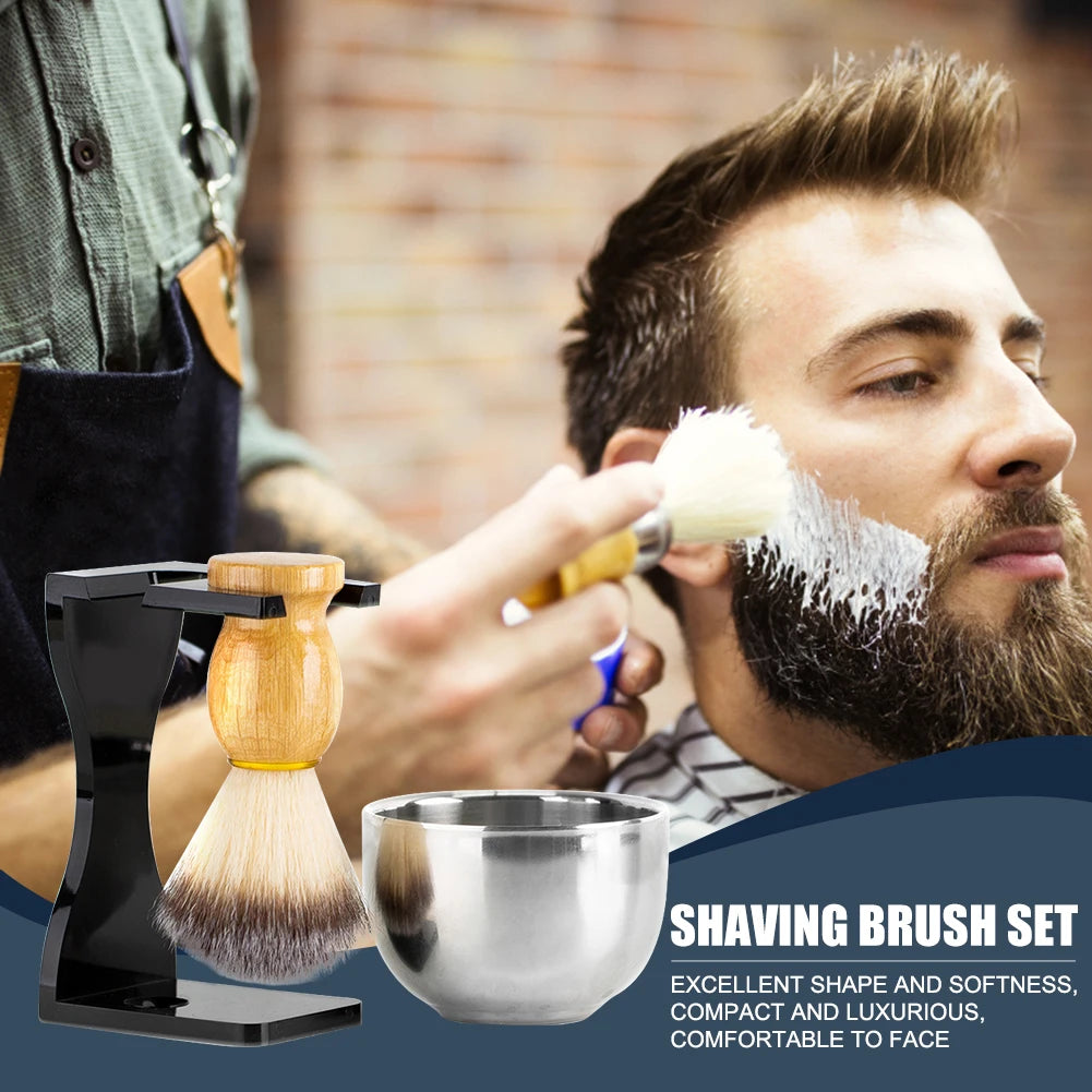 3 in 1 Shaving Brush with Acrylic Stand Steel Bowl Shaving Brush Holder Set No Pungent Smell Beard Clean Shaver Kit Gift for Men