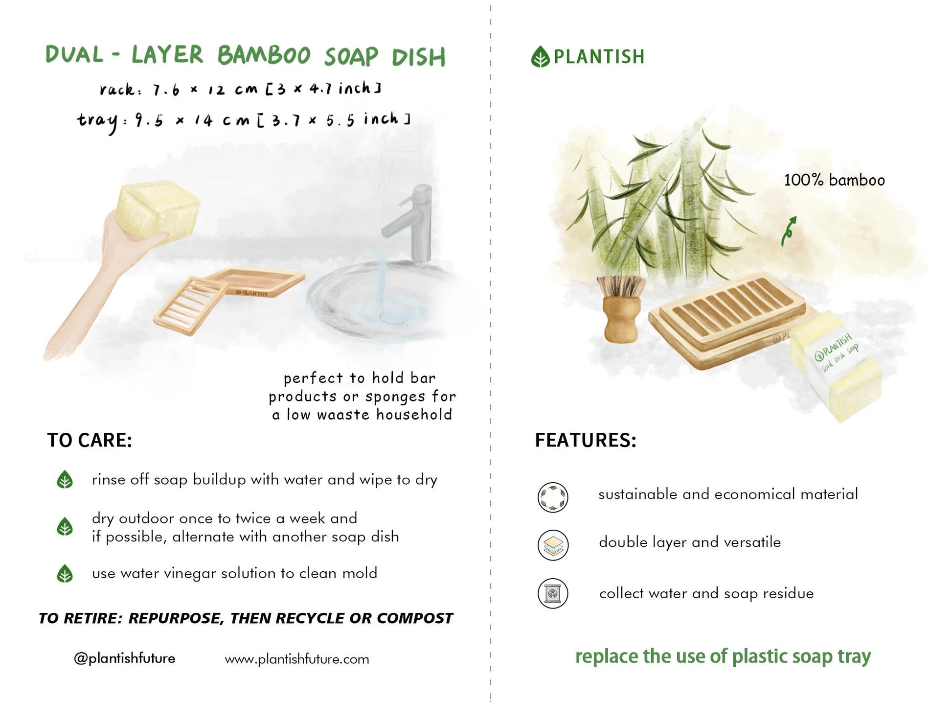 Dual-Layer Bamboo Soap Dish | Best Draining Biodegradable Soap Rack, Soap Saver | Soap Bar, Shampoo Bar, Conditioner | Zero Waste | Plantish